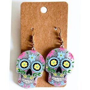 SUGAR SKULL Day of the Dead Translucent Grey Glitter Acetate Dangle Earrings NEW